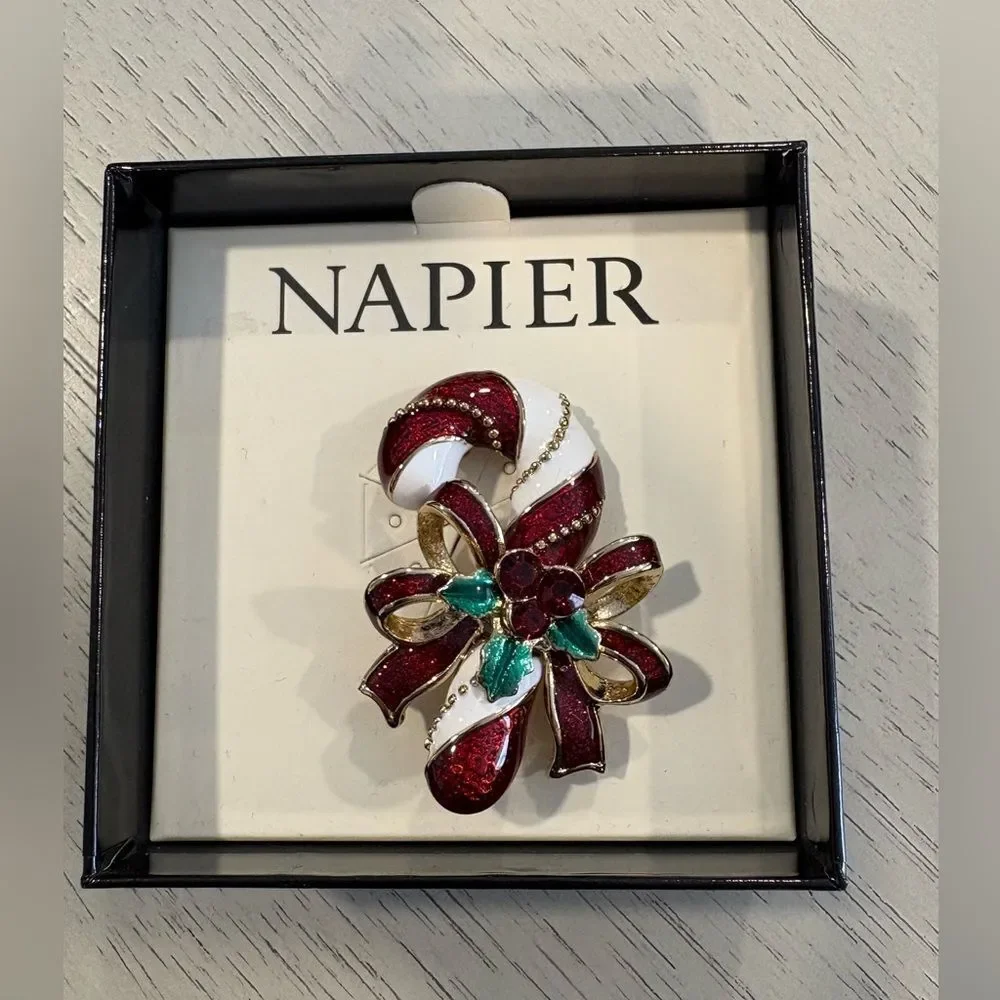 Napier Festive Red and White Brooch with Gold Accents